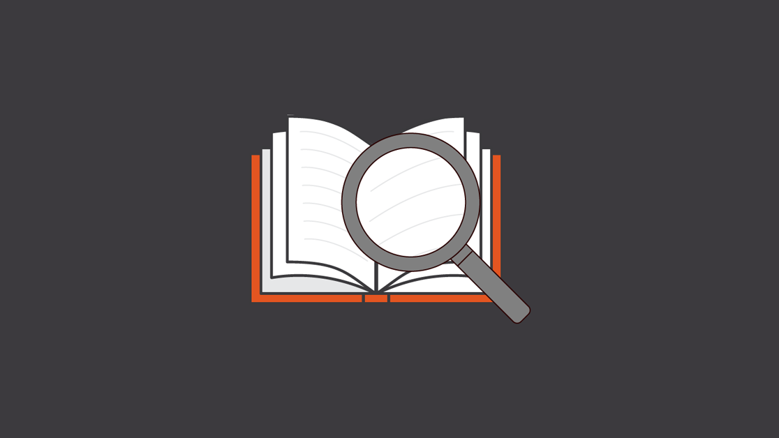 Illustration of a book with a magnifying glass